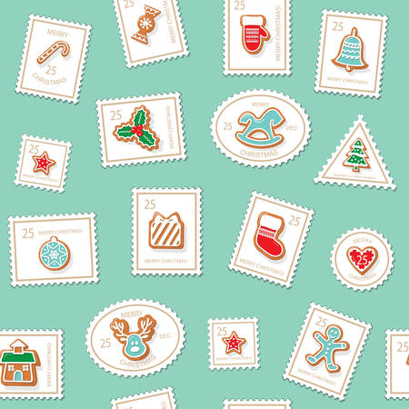 Christmas postage stamps seamless background. Colorful Gingerbread cookies. Traditional pattern for wrapping paper, winter holidays decor. Vectorのイラスト素材
