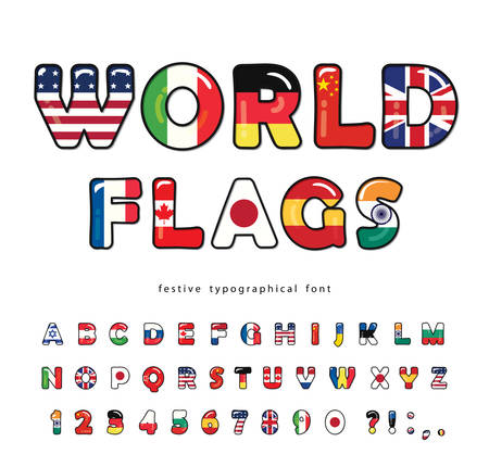 World flags cartoon font. Paper cutout glossy ABC letters and numbers. Bright alphabet for tourism t-shirt, cap design. Vectorのイラスト素材