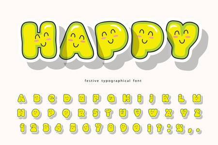 Kawaii bubble font with funny smiling faces. Cute cartoon alphabet. For birthday, baby shower, greeting cards, party invitation, kids design. Vector illustrationのイラスト素材