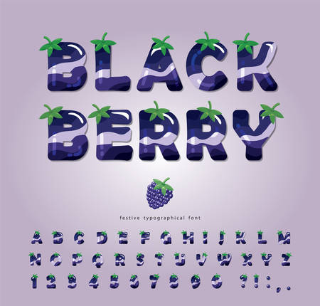 Blackberry summer font. Cartoon 3d alphabet. Decorative glossy letters and numbers. For packaging, poster, banner, T-shirt, birthday card design. Vectorのイラスト素材