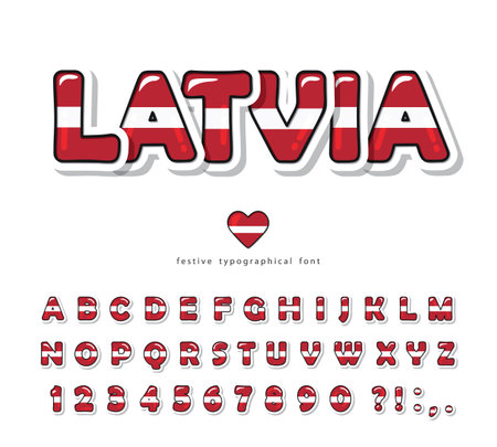 Latvia cartoon font. National flag colors. Paper cutout glossy ABC letters and numbers. Bright alphabet for tourism design. Vectorのイラスト素材