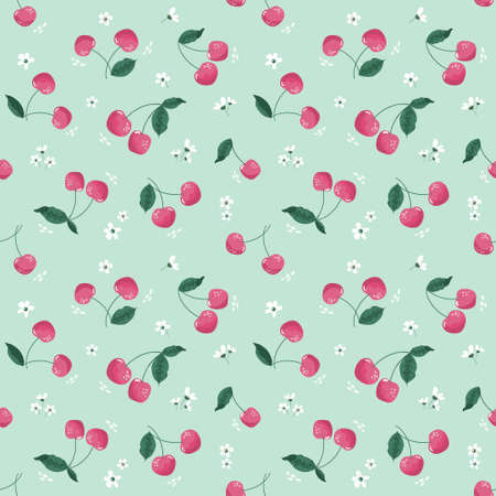 Spring seamless pattern with cherry and blossom. Festive cartoon background for textile, fabric, decorative paper. Raster illustrationの写真素材