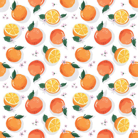 Summer seamless pattern with oranges and blossom. Sweet tropical background for textile, fabric, decorative paper. Raster illustrationの写真素材