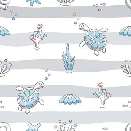 Sealife striped background. Cute turtle characters cartoon seamless pattern.Textile for kids, notebook cover, wrapping paper. Vectorのイラスト素材