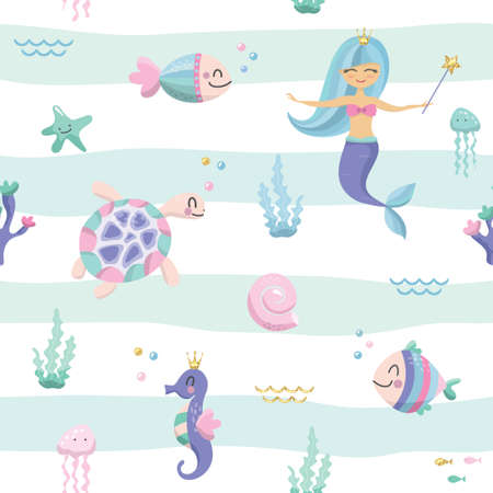 Mermaid seamless pattern background. Cute cartoon sea life characters. Vectorのイラスト素材