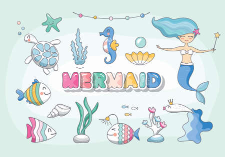 Cute mermaid, sea characters and plants set. Cartoon marine animals birthday collection for girls. Vectorのイラスト素材