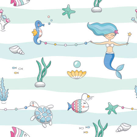 Mermaid birthday seamless pattern background. Cute sea life cartoon characters. Vectorのイラスト素材
