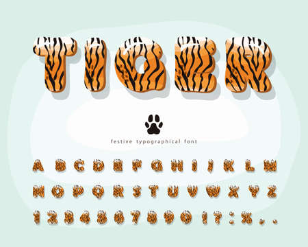 Tiger skin cartoon font. Funny colorful alphabet for kids. Vectorのイラスト素材