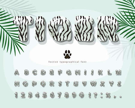 White tiger skin 3D cartoon font. Animal fur stripes print alphabet. Decorative letters and numbers. Vectorのイラスト素材