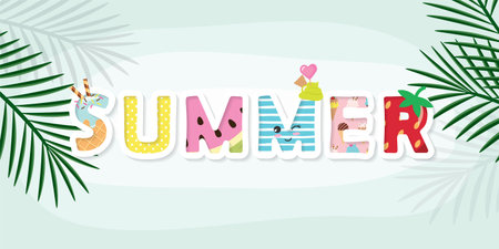 Summer tropical banner. Cartoon sweet letters. Horizontal template with copy space. Vector