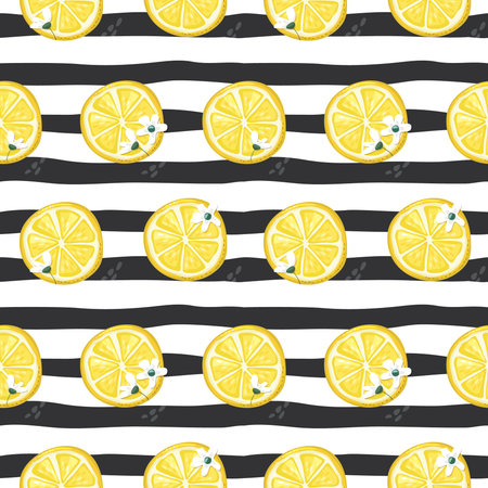 lemons on stirped seamless background. Summer festive pattern. Raster illustration
