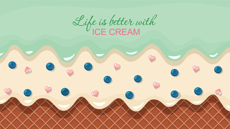 Melted flowing ice-cream background. Cream and wafer layers horizontal template. Summer vibe. Girly. Vectorのイラスト素材