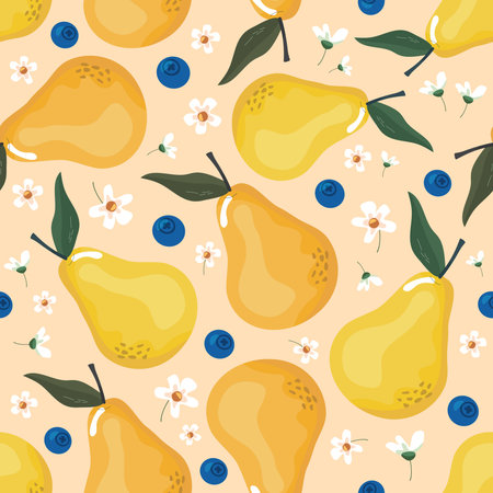 Summer seamless pattern with pears and blossom. Festive fruit background for textile, fabric, decorative paper. Cartoon vectorのイラスト素材