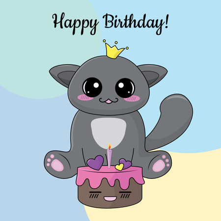 Funny grey cat with his birthday cakeのイラスト素材