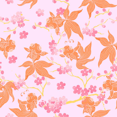 Seamless pattern background with colorful flowers and orange leaf.のイラスト素材