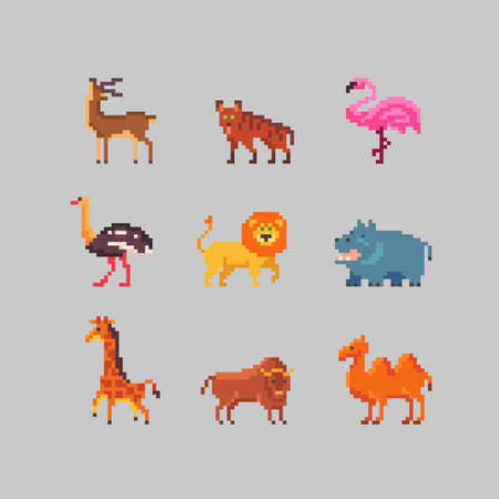 Set of African wild animals in pixel art style. Vector illustration.のイラスト素材