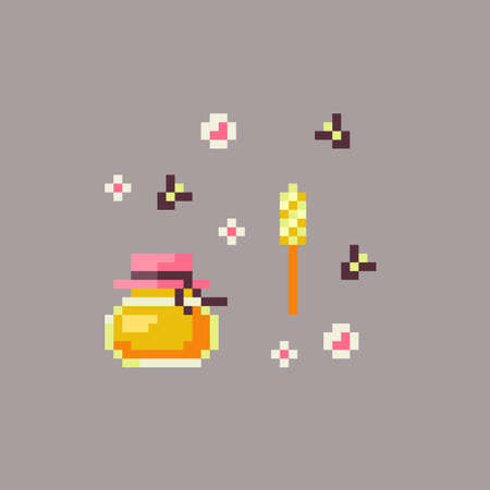 Pixel art honey in a glass and spoon. Pixelated dessert icon. Vector illustration.のイラスト素材