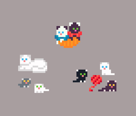 Pixel art set of kittens in different poses. Cute pixelated badges on isolated color. Vector...