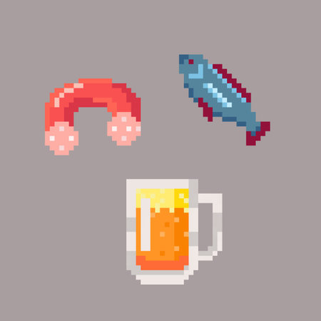Pixel art mug of beer. Alcohol with snack pixelated icons on isolated background. Vector...
