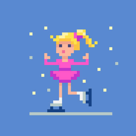 The girl is skating. Child character in pixel art style. Cute vector illustration.のイラスト素材
