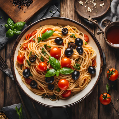 Rustic Italian Spaghetti alla Puttanesca with Cherry Tomatoes, Olives, Capers, and Basil â Mediterranean Food Photography in Warm Natural Lightの素材