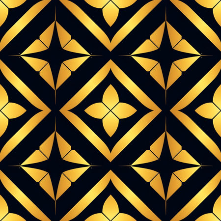 Elegant seamless repeating pattern featuring bold geometric shapes in a metallic gold finish set against a dark matte background. A striking high-contrast vector design in 8K resolutionの素材