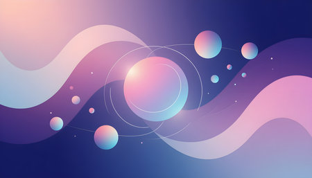 Stylish abstract minimalist design showing floating geometric shapes in pastel neon tones with smooth gradients and subtle glows. Created in a clean vector style, isolated on whiteの素材