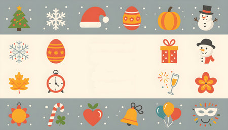 Collection of 20 colorful flat vector icons representing holidays and seasons â including Christmas tree, pumpkin, Easter egg, snowflake, Santa hat, heart, fireworks, turkey, floweの素材