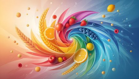 Colorful abstract composition with swirling motion and radiant energy forms representing the power of vitamins, minerals, fruits, and grains. High-energy and symbolic design expressの素材