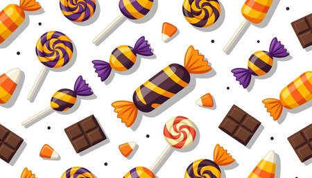 Bright vector-style seamless Halloween candy pattern featuring wrapped sweets, lollipops, candy corn, and chocolate pieces. Orange, black, purple, and gold tones with glossy highliの素材