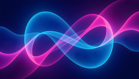 Beautiful abstract digital artwork with floating translucent geometric shapes â ellipses, arcs, and ribbons â in vibrant neon gradient tones. Features soft glowing light, overlappiの素材