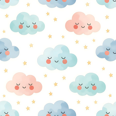 Beautiful watercolor seamless pattern with fluffy clouds in light pastel tones. Minimal and delicate nursery-style design with a cozy, dreamy mood. Perfect for baby wallpaper, textの素材
