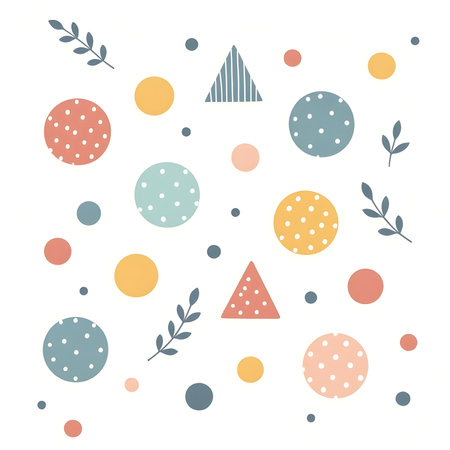 Charming watercolor seamless pattern featuring cute geometric shapes â circles, triangles, ovals, and squiggles â in soft pastel colors. Whimsical nursery style with a gentle, dreaの素材