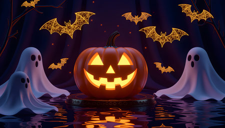 3D luxury Halloween background featuring glowing pumpkin icons, shiny golden bats, and ghost shapes illuminated by soft orange light reflections over a dark purple and black smokyの素材