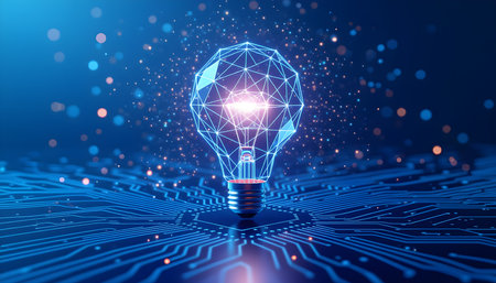 Futuristic 3D Polygonal Light Bulb with Blue Wireframe and Data Particles â Artificial Intelligence Innovation Conceptの素材