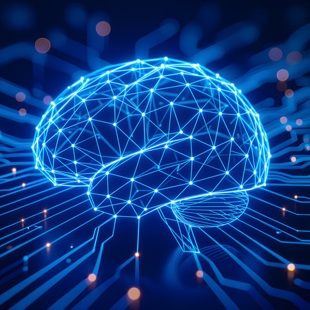 3D Illustration of Glowing Neural Network â Digital Brain Made of Data Nodes and Polygons, Artificial Intelligence Conceptの素材