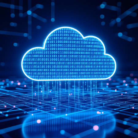 3D Illustration of Glowing Binary Cloud Over Data Network Grid â Futuristic AI and Big Data Conceptの素材