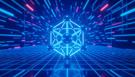 3D Render of Glowing Molecular Structure in Blue Neon Light â Futuristic Polygonal Network Visualizationの素材