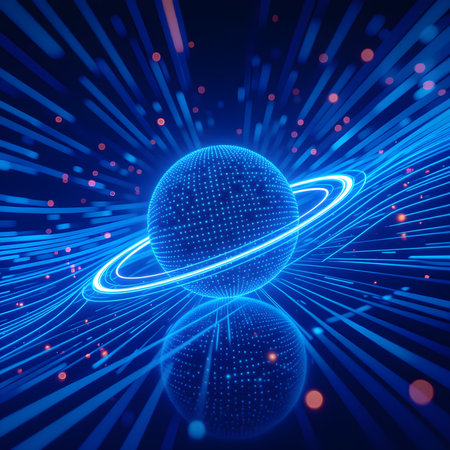 3D Render of Glowing Sphere with Flowing Blue Data Streams â Futuristic Technology Network and Digital Light Trailsの素材