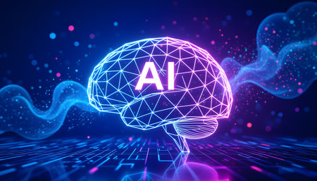 3D Glowing Digital Brain Made of Polygonal Mesh and Neon Lines â Futuristic AI Technology Conceptの素材