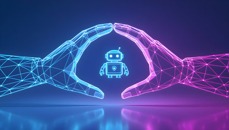 Futuristic 3D Abstract Hands Protecting AI Robot in Blue Wireframeの素材
