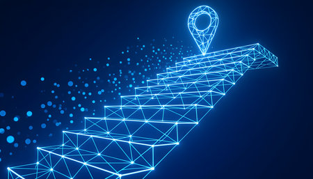 Futuristic 3D Wireframe Stairs Leading to Success in Blue Lightの素材