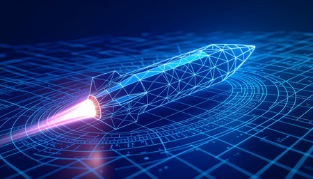 Futuristic 3D Wireframe Rocket Blueprint â Neon Blue Polygonal Design Symbolizing Innovation and Successの素材