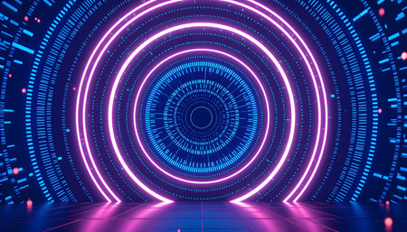 Futuristic 3D Data Rings â Glowing Blue Neon Vortex, Abstract Digital Technology Backgroundの素材