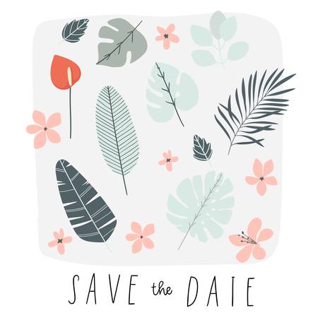 Summer illustration with palm leaves and tropical flowers. Summer time poster. Wedding invitation design.のイラスト素材