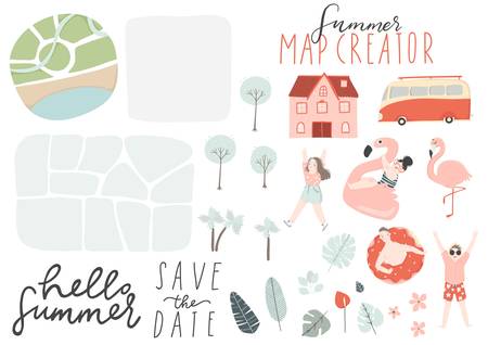 Summer map and card creator elements. Collection of scrapbooking elements for beach party, wedding invitation, poster, banner etc.のイラスト素材