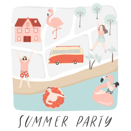 Summer card, poster or invitation with map of town. Hand drawn streets, houses, people, tree and car. Summer design.のイラスト素材