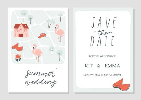 Summer wedding invitation with map of town. Hand drawn streets, houses and car. Winter design.のイラスト素材