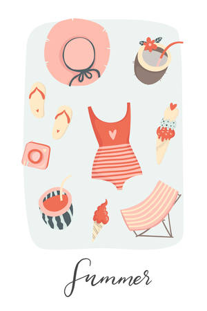 Summer essentials. Card with set of cute winter lifestyle and food icons. Hat, swimming suit, cocktails, watermelon and ice cream.のイラスト素材
