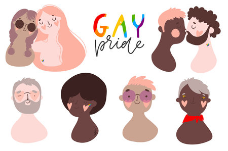 Love is love. Gay pride. LGBTQ. Set of different people, couple in love. Cartoon styled llustrations and lettering collection good for stickers, prints, tatoo design, cards. In gental colors.のイラスト素材